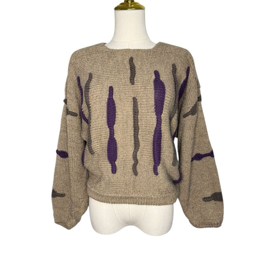Vintage Jagged‎ Stripe Knit Sweater Women’s OS Beige Wool Blend 90s Artsy Grunge